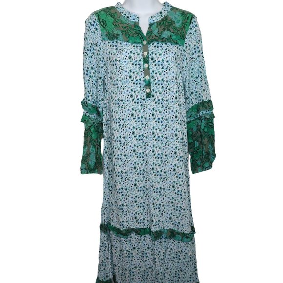 R. Vivimos Maxi Dress S Green Floral Ruffles Long Sleeve Peasant Prairie Cottage - Picture 4 of 9